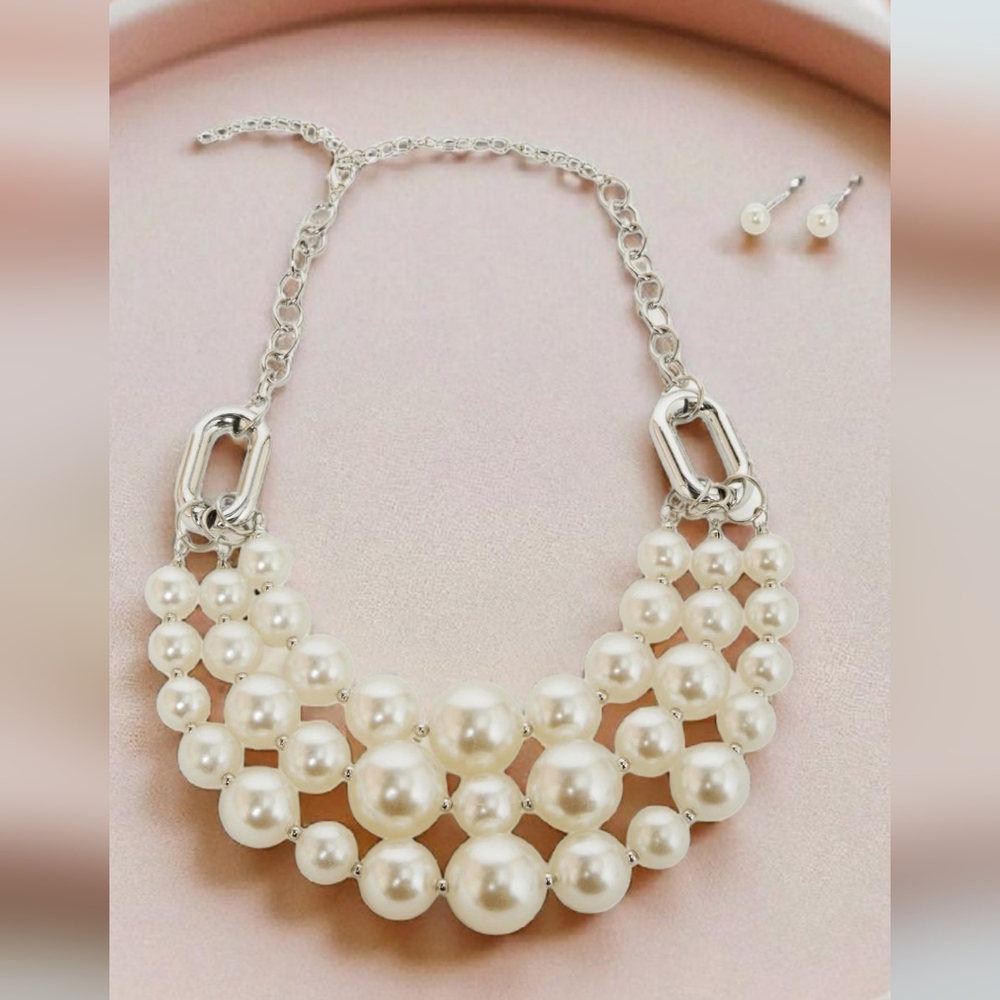 NWT Multi Strand Faux Pearl Necklace and Earring Set